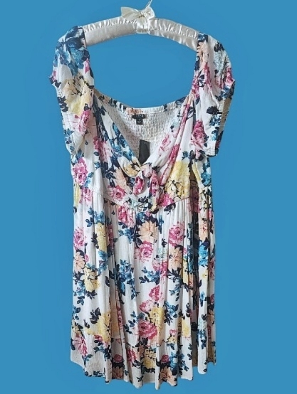 Torrid Floral Tie-Front Midi Dress  - White With Pink, Yellow & Blue Flowers
